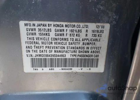 2009 Honda Fit Sport z USA, uszkodzony, nr VIN JHMGE88439S044953